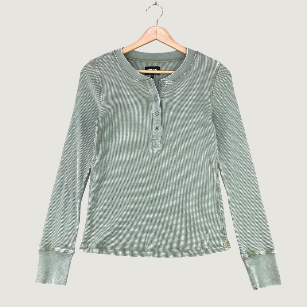 Bass Outdoor Waffle Knit Henley Top Women XS Green Long Sleeve Casual Thermal